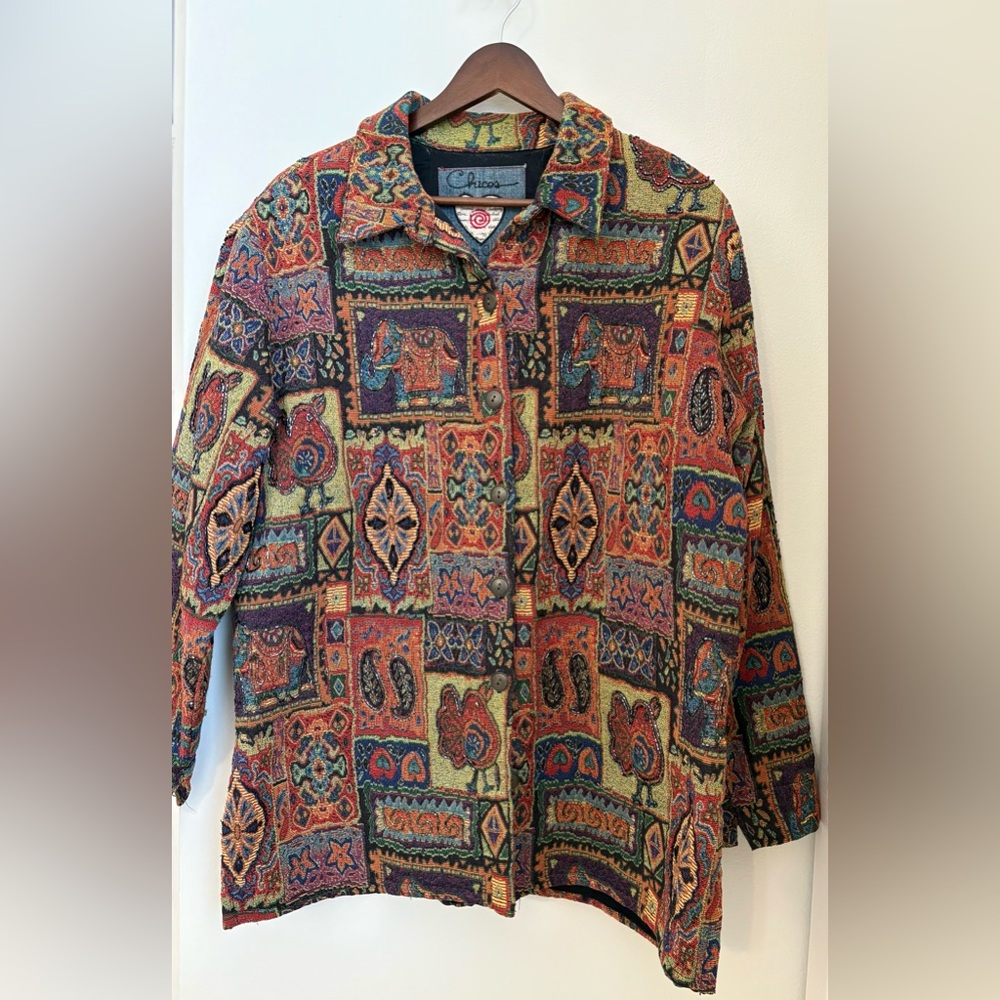 VINTAGE Chico's Anniversary Collection Beaded Tapestry Jacket Animals Hearts 2